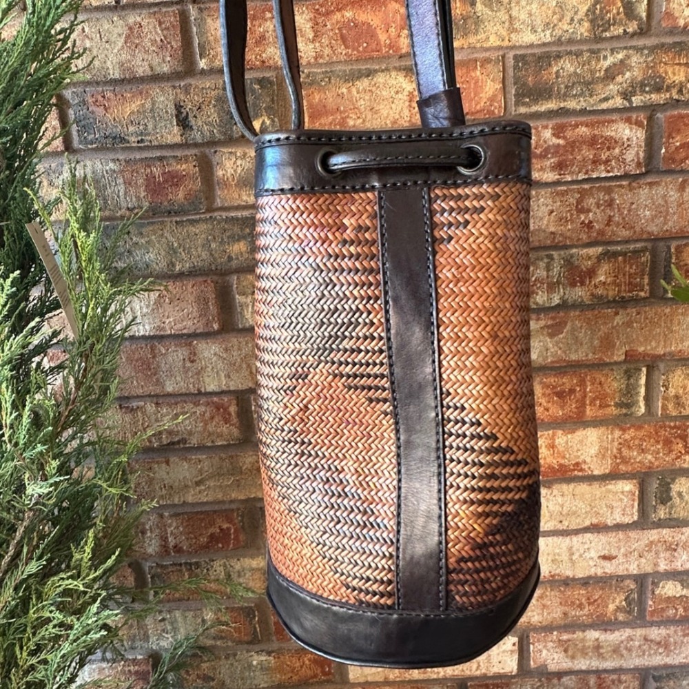 Woven Leather Drawstring Bucket Bag Brown Black Shoulder Bag Handbag Basket - Picture 9 of 10
